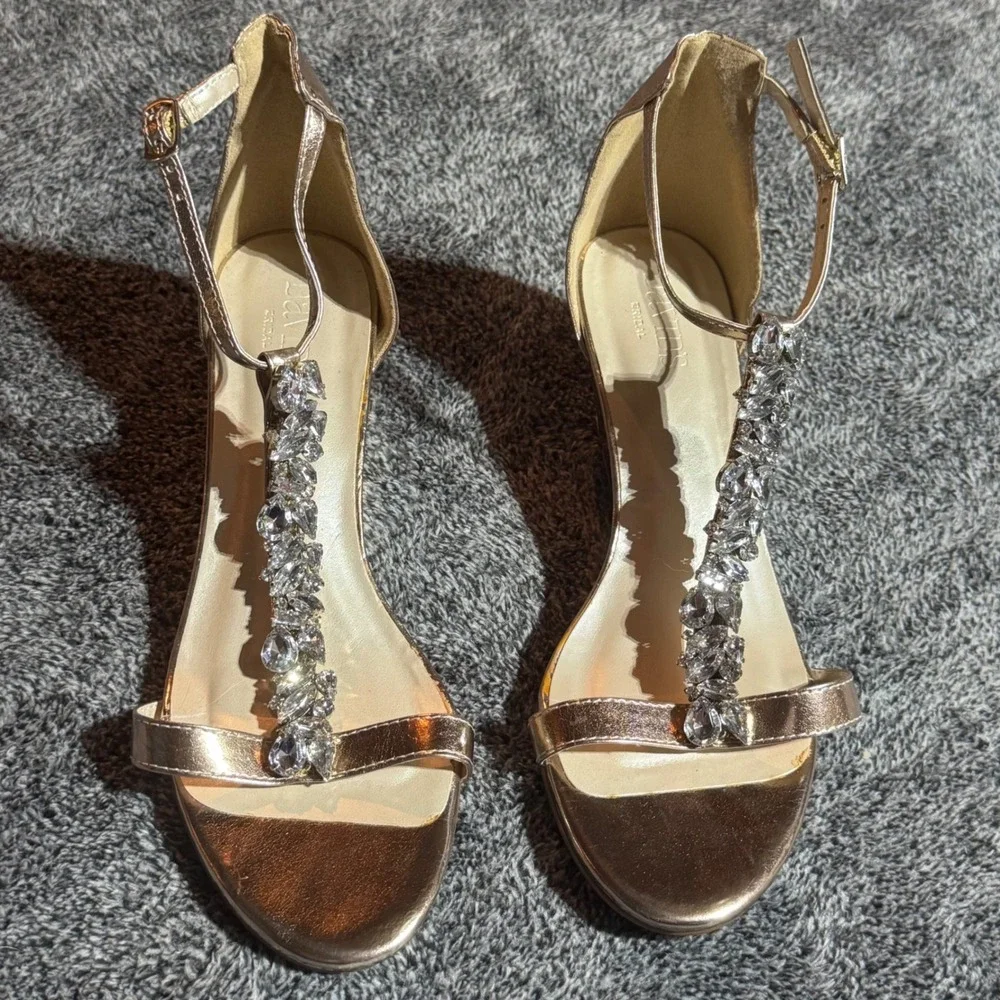 David's Bridal Mina Champagne Rhinestone Wedge Sandals Size 7M